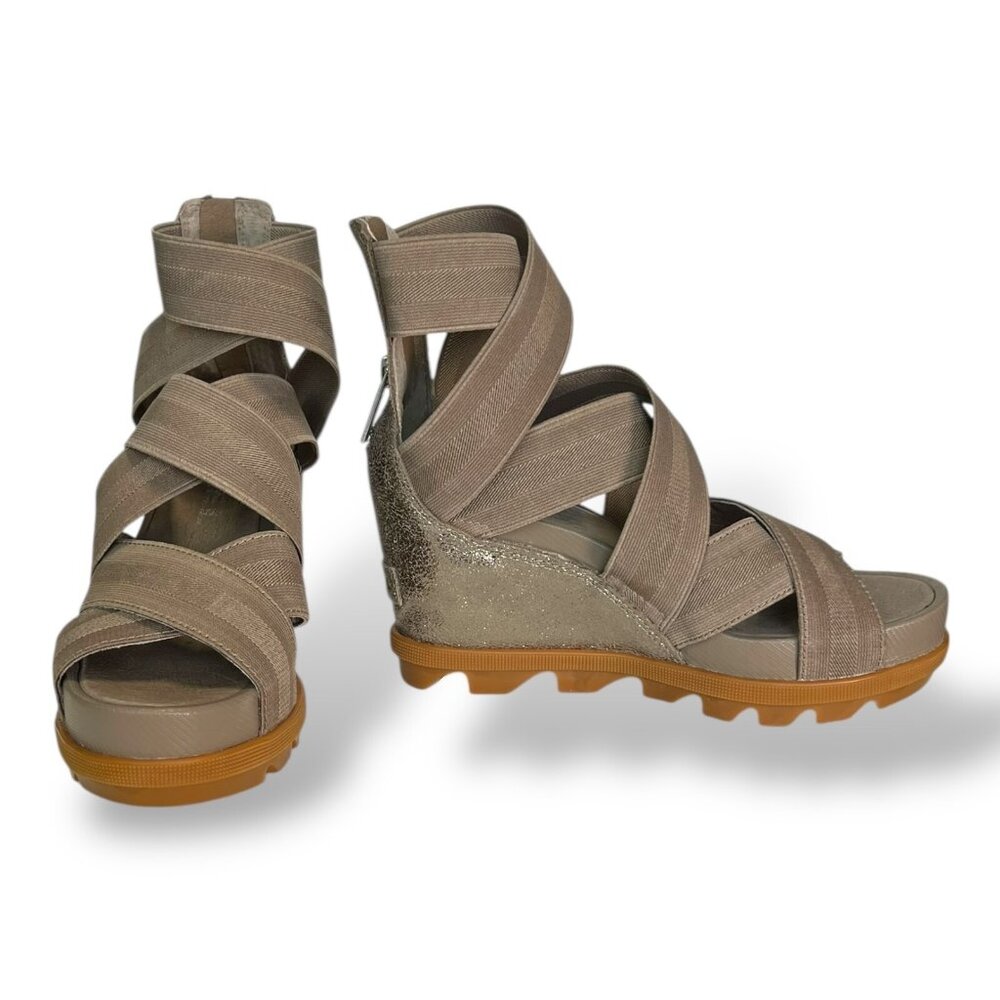 NEW SOREL Joanie II Strappy Open Toe Wedge Sandals Taupe 5.5 Fits US 6
